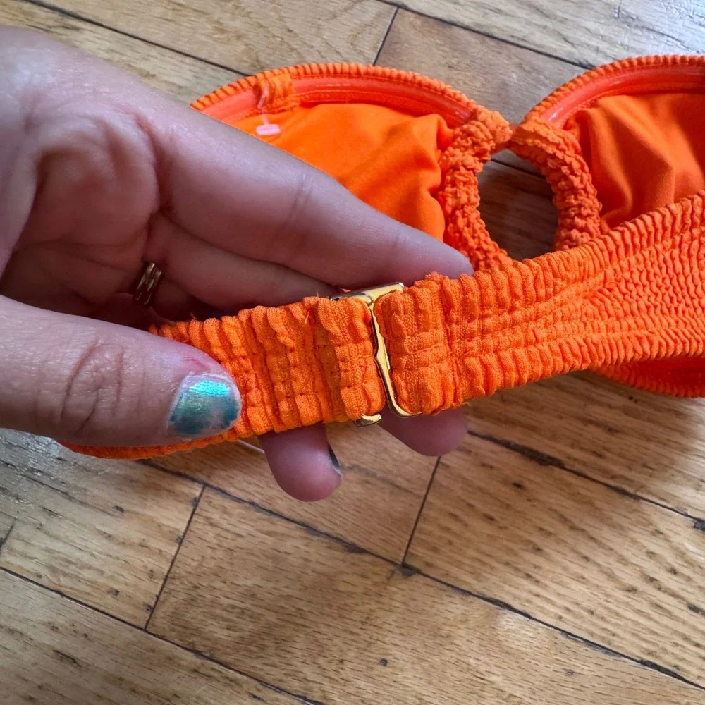 Wild Fable Neon Orange Smocked Bandeau Bikini Top O-Ring Cutout Small